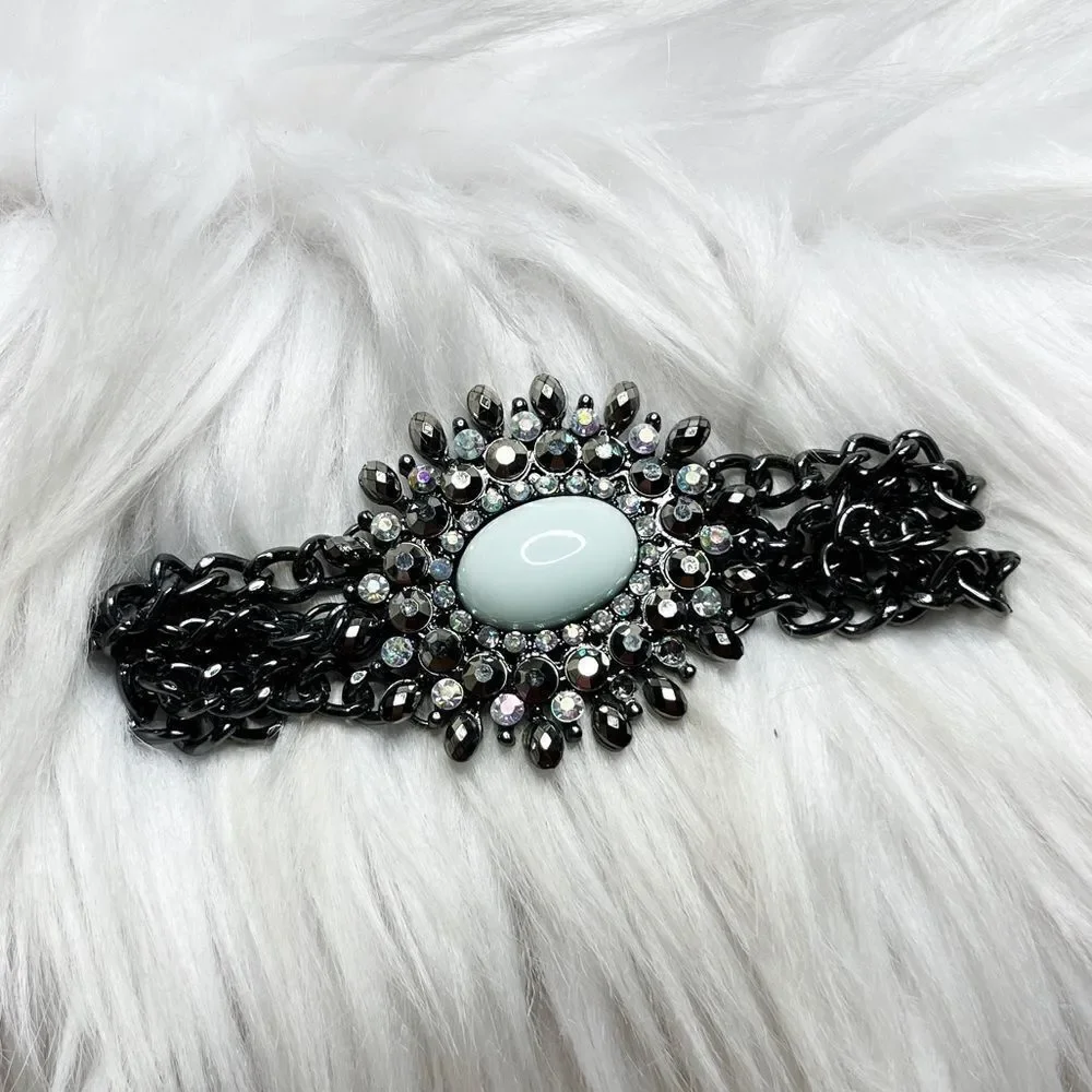 Chain Link Rhinestone Fashion Statement Bracelet Gun Metal Silver & Pastel Green